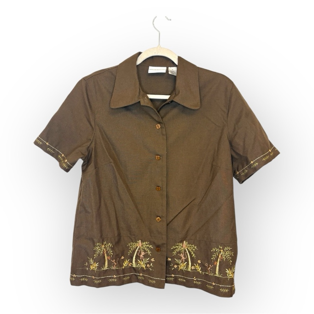 Vintage Alfred Dunner Brown Palm Tree Monkey Shirt Tropical Resort Size 12